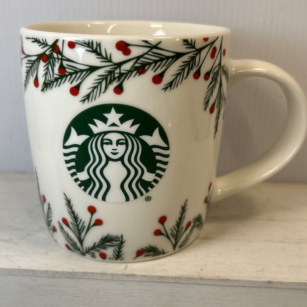 Starbucks Bone China Christmas Mug Red Berries Green Pine 2020 Holiday  12oz